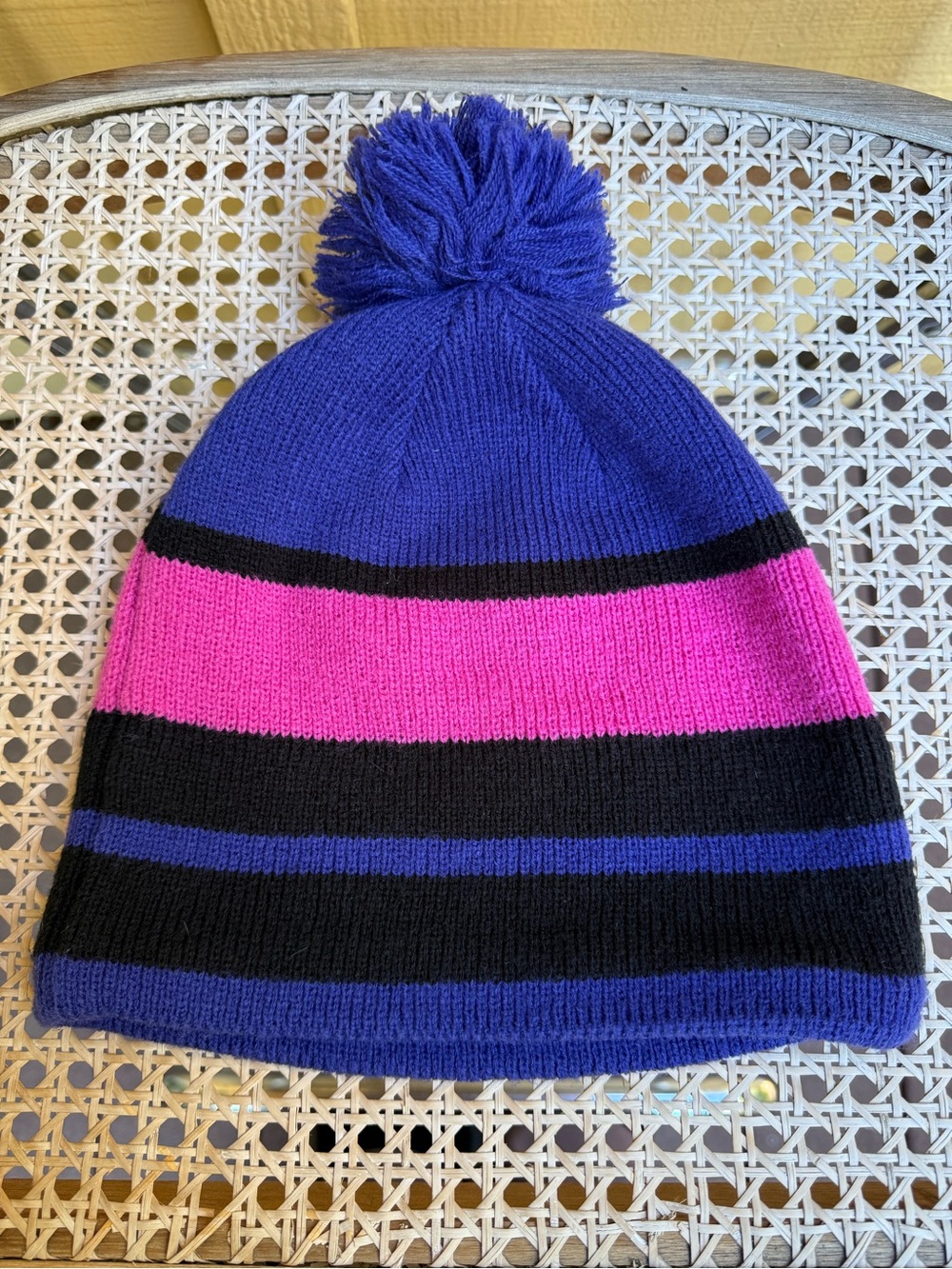 Purple Pink Black Striped Pom Pom Knit Beanie Fleece Lined Winter Hat